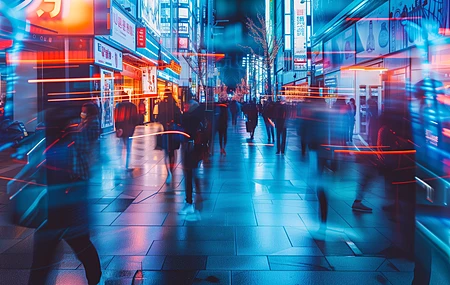 AI艺术 城市 街道 长廊 人行道 繁忙的街道 夜晚 电脑壁纸 4K壁纸