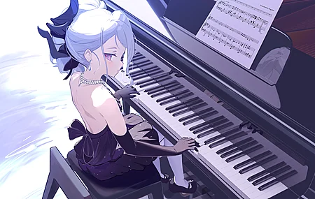 白色头发 视频游戏人物 蓝色档案 紫色眼睛 钢琴 连衣裙 动漫女孩 动漫游戏 粉丝艺术 电脑壁纸 4K壁纸
