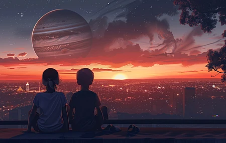 儿童 人工智能艺术 插图 城市景观 云 木星 日出 友谊 城市 电脑壁纸 4K壁纸