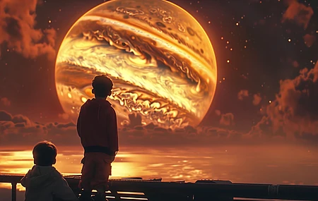 儿童 人工智能艺术 插图 友谊 黄色 木星 云 剪影 电脑壁纸 4K壁纸