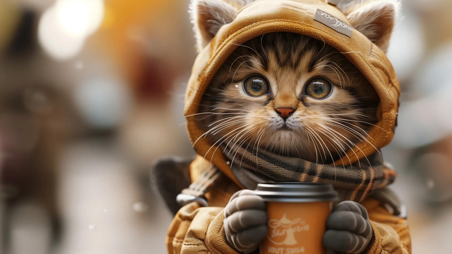 AI艺术 猫 拟人化 兜帽 围巾 咖啡 电脑壁纸 4K壁纸