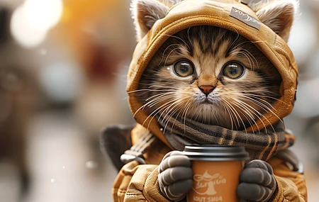 AI艺术 猫 拟人化 兜帽 围巾 咖啡 电脑壁纸 4K壁纸