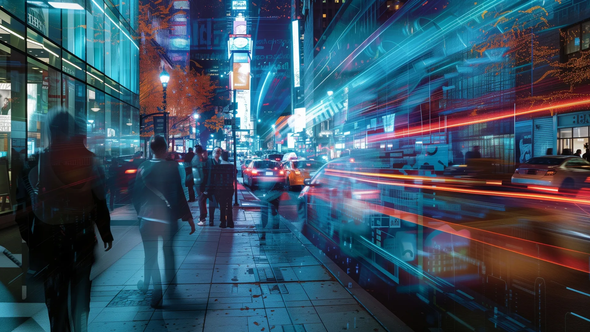 AI艺术 城市 街道 长长的走廊 人行道 繁忙的街道 夜晚 电脑壁纸 4K壁纸