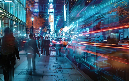 AI艺术 城市 街道 长长的走廊 人行道 繁忙的街道 夜晚 电脑壁纸 4K壁纸