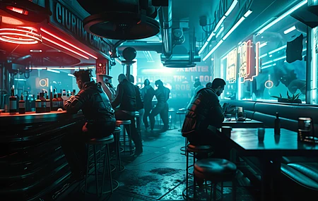 AI艺术 未来主义 赛伯朋克 科幻 霓虹灯 酒吧 黑暗 电脑壁纸 4K壁纸