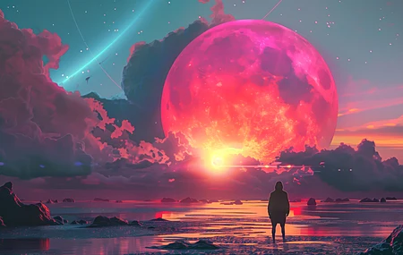 AI艺术 插图 云 月亮 海岸 水 五颜六色 镜头光斑 电脑壁纸 4K壁纸