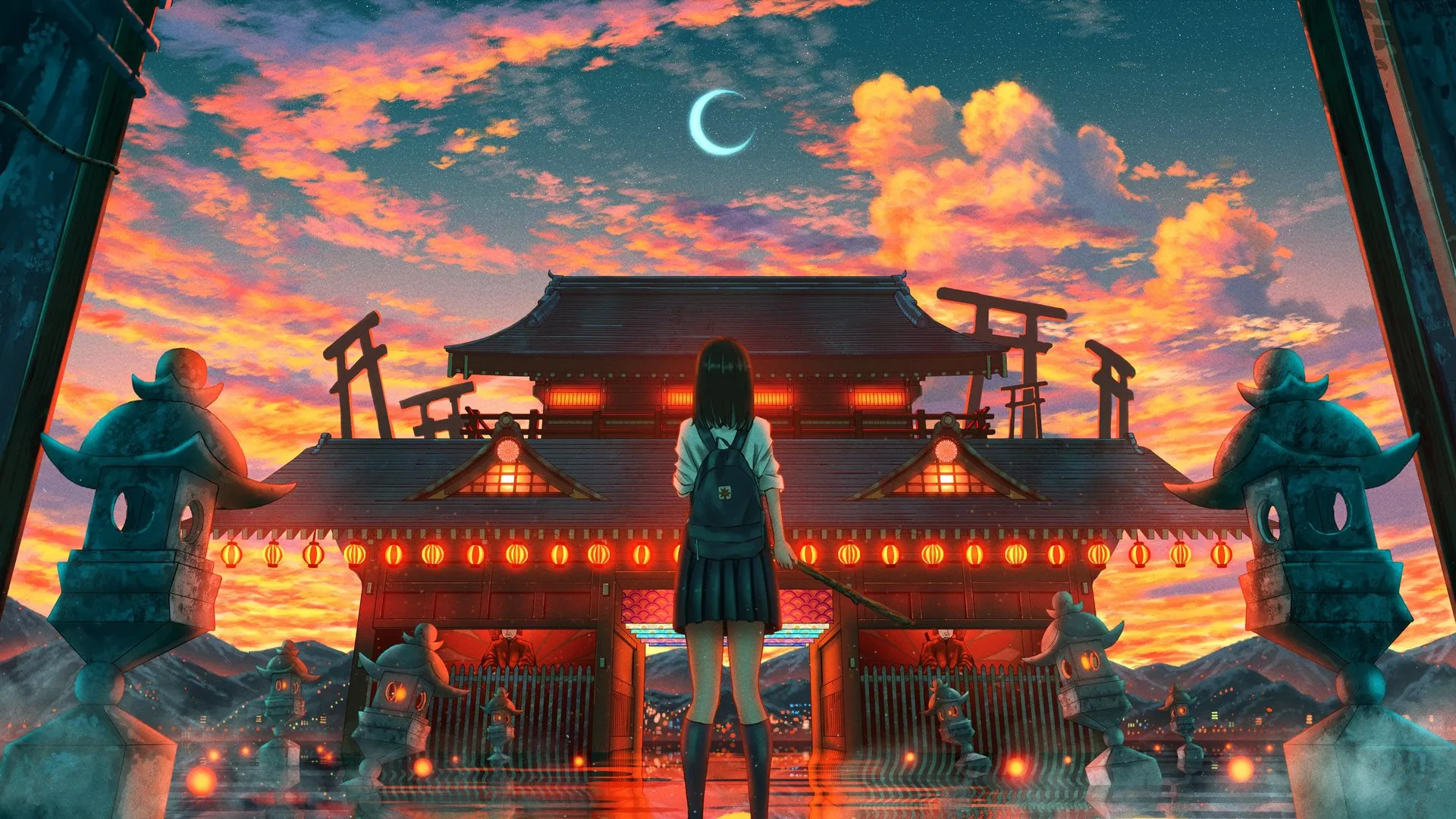 奇幻艺术 天空 云 星星 月亮 裙子 日落 建筑 后视 新月 电脑壁纸 4K壁纸