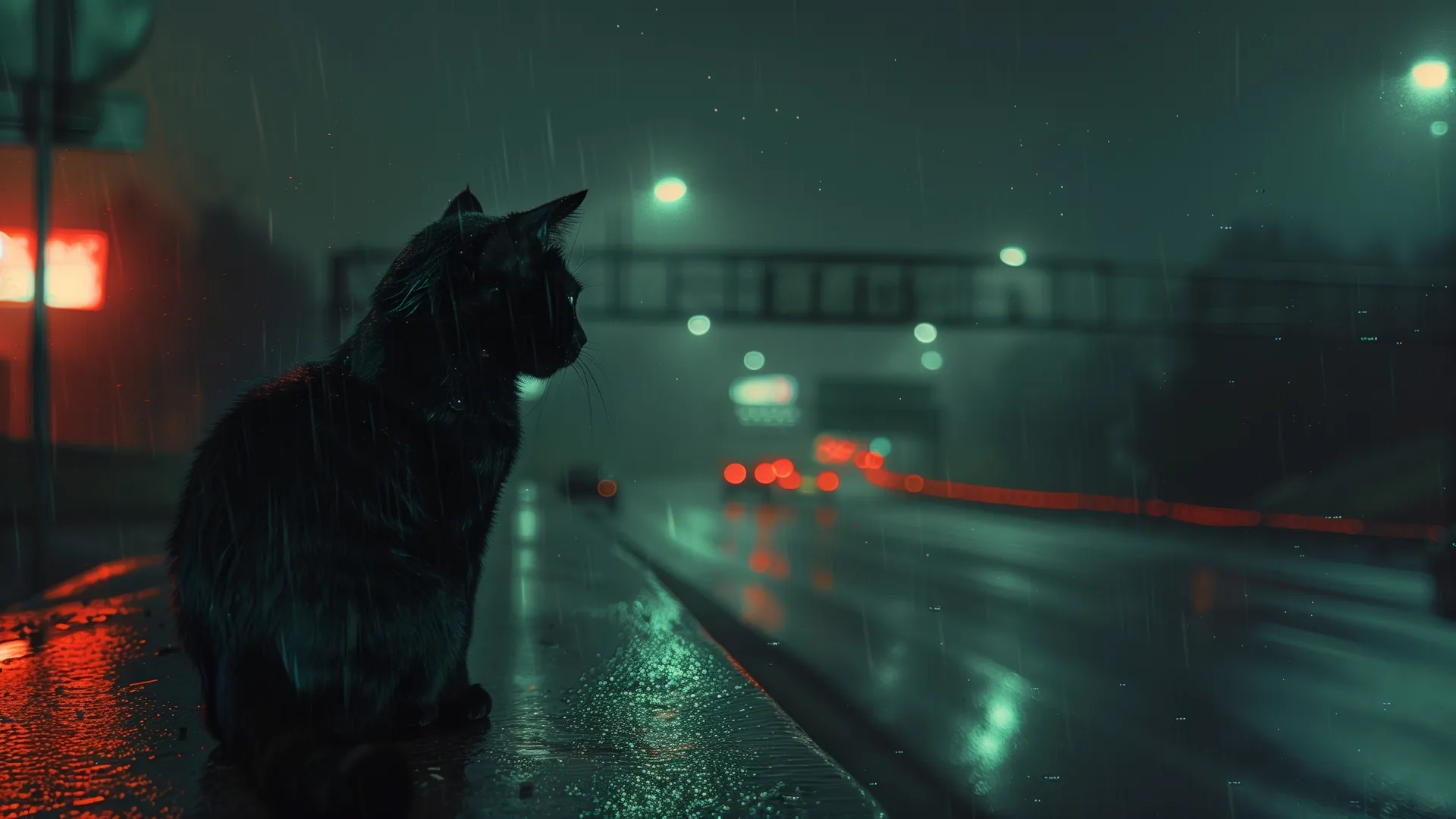 夜晚 猫 高速公路 道路 雨 电脑壁纸 4K壁纸