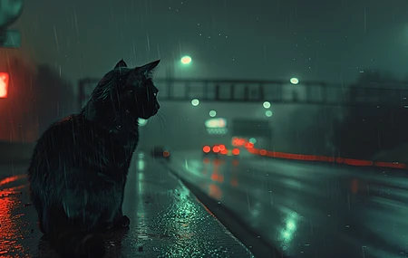 夜晚 猫 高速公路 道路 雨 电脑壁纸 4K壁纸