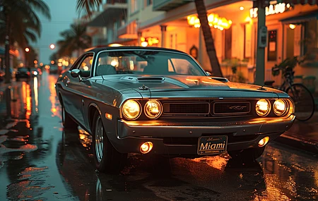 道奇 电影 大灯 迈阿密 棕榈树 电脑壁纸 4K壁纸