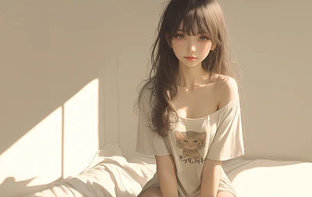 女人 深色头发 人工智能艺术 动漫 超大号T恤 阳光 插图 电脑壁纸 4K壁纸