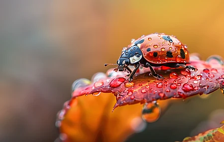 AI艺术 瓢虫 露水 树叶   电脑壁纸 4K壁纸