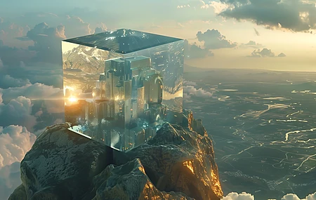 镜头光斑 立方体 水晶 云 山 插图 电脑壁纸 4K壁纸