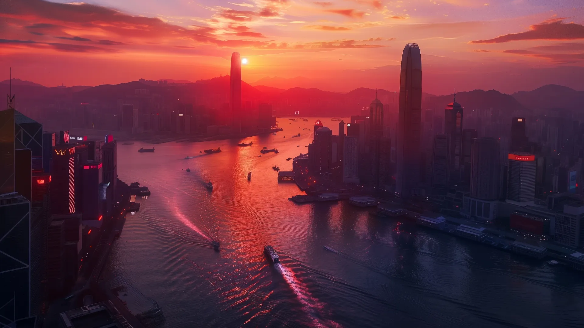 AI艺术 河流 城市 天际线 日落 电脑壁纸 4K壁纸