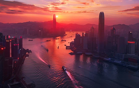 AI艺术 河流 城市 天际线 日落 电脑壁纸 4K壁纸