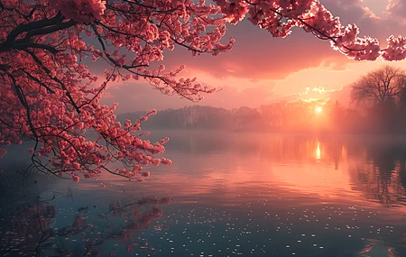 AI艺术 插图 云 樱桃树 湖 日落 电脑壁纸 4K壁纸