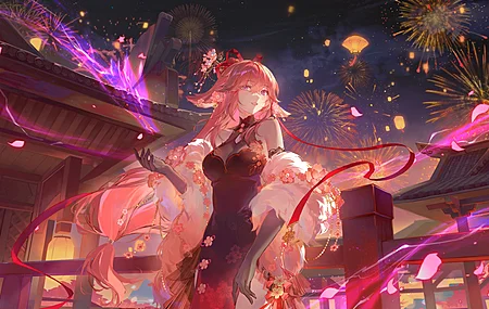 粉色头发 艺术品 动漫 动漫女孩 紫色眼睛 连衣裙 旗袍 手套 烟花 灯笼 元宵节 中国建筑 春节 电脑壁纸 4K壁纸