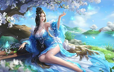 女人 电子游戏角色 亚洲 水 电子游戏艺术 鲜花 电子游戏 花瓣 树木 电脑壁纸 4K壁纸