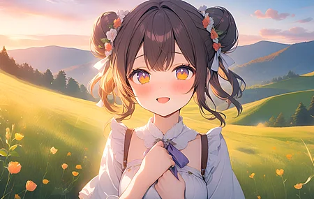 草地 微笑 动漫女孩 AI艺术 电脑壁纸 4K壁纸