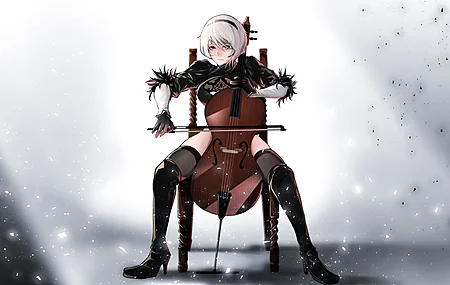 坐着 白发 蓝眼睛 短发 独身 嘴下有痣 乐器 椅子 坐在椅子上 发带 电脑壁纸 4K壁纸