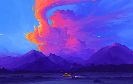数字艺术 艺术品 插图 风景 自然 山 云 车辆 车 签名 场 电脑壁纸 4K壁纸