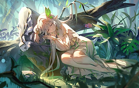 长发 闭眼 睡眠 双色调头发 连衣裙 发饰 树叶 草 长袖 尖耳朵 树木 电脑壁纸 4K壁纸