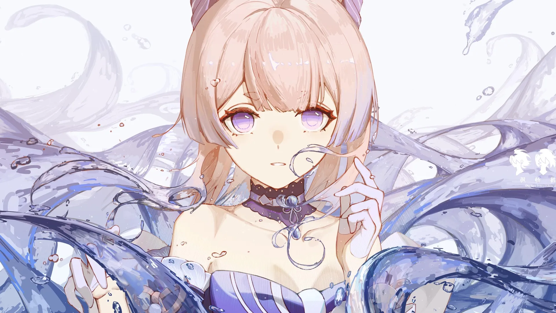 粉色头发 看着观众 源信影响 图片 动漫 动漫女孩 紫色眼睛 水 手套 项链 电脑壁纸 4K壁纸