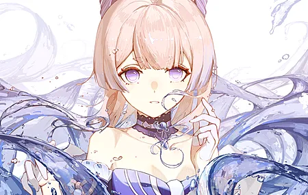 粉色头发 看着观众 源信影响 图片 动漫 动漫女孩 紫色眼睛 水 手套 项链 电脑壁纸 4K壁纸