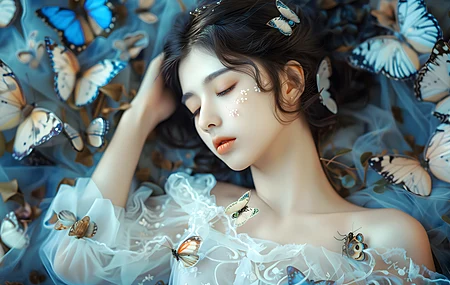 女性 蝴蝶 睡眠 AI艺术 电脑壁纸 4K壁纸