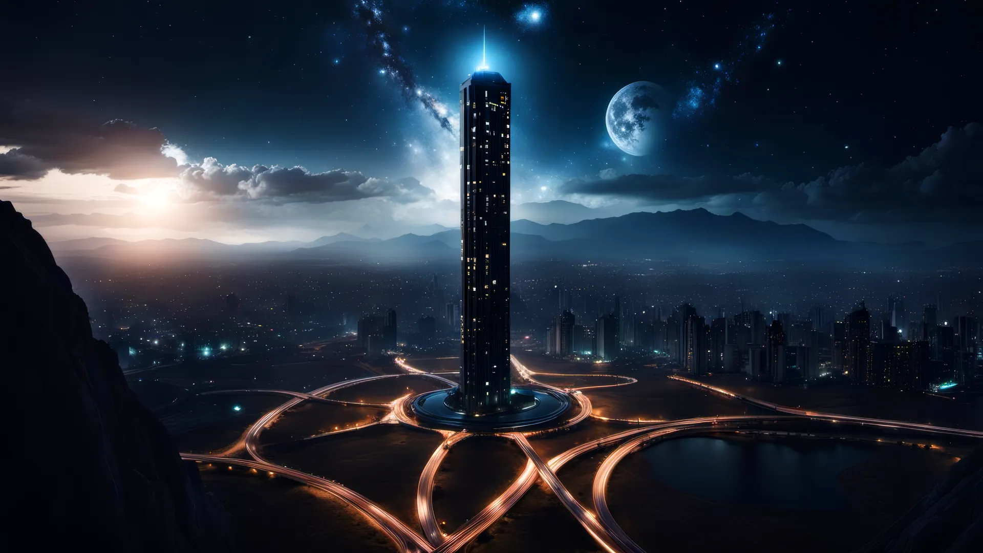 城市景观 黑暗 月光 摩天大楼 夜晚 AI艺术 电脑壁纸 4K壁纸