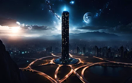 城市景观 黑暗 月光 摩天大楼 夜晚 AI艺术 电脑壁纸 4K壁纸