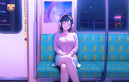 动漫女孩 地铁 霓虹灯 耳机 蓝裙 电脑壁纸 4K壁纸