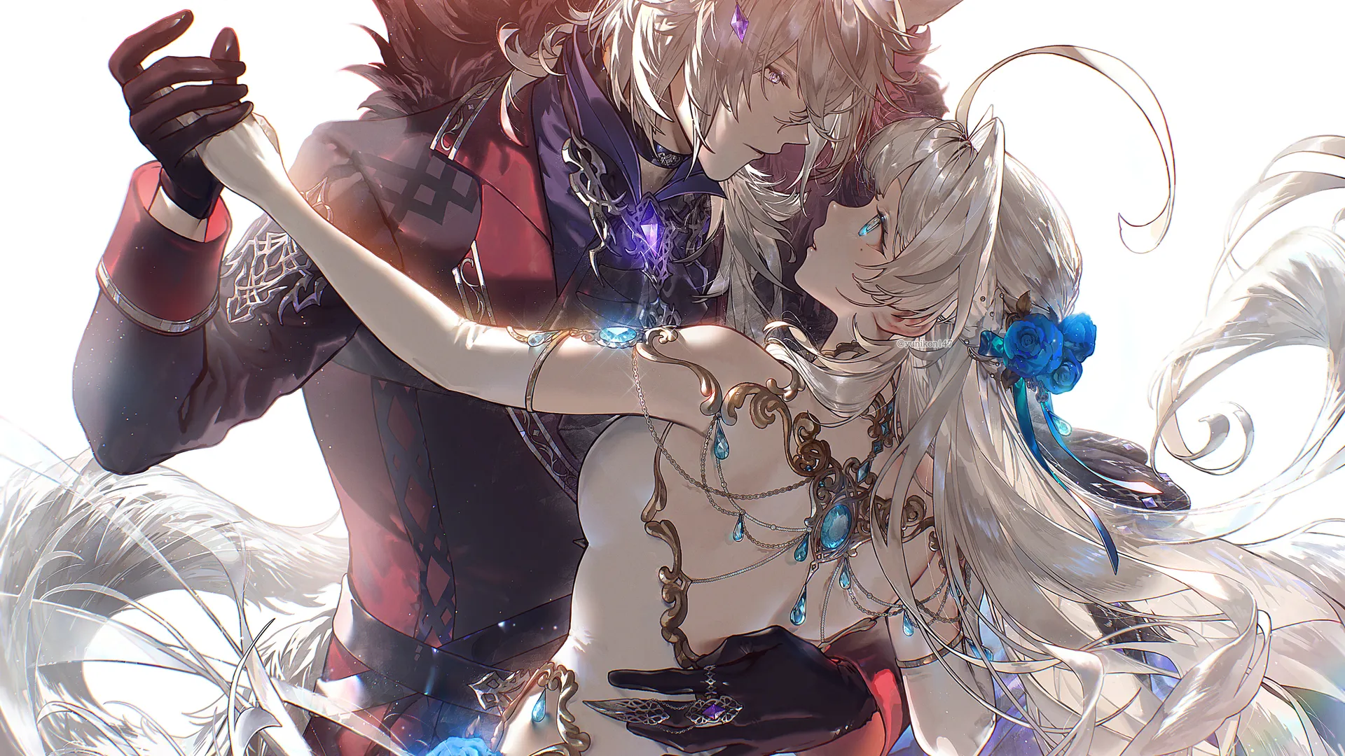 情侣 长发 拥抱 背部 眼底痣 白色连衣裙 动物耳朵 面对面 头发上的花 舞蹈 蓝色花朵 宝石 白色背景 简单背景 肘部手套 灰色头发 电脑壁纸 4K壁纸