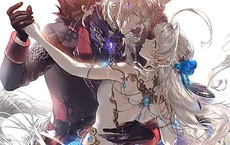 情侣 长发 拥抱 背部 眼底痣 白色连衣裙 动物耳朵 面对面 头发上的花 舞蹈 蓝色花朵 宝石 白色背景 简单背景 肘部手套 灰色头发 电脑壁纸 4K壁纸