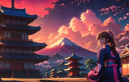 长发 插图 AI艺术 数字艺术 肖像 山 云 寺庙 和服 电脑壁纸 4K壁纸
