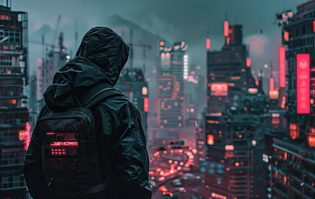 AI艺术 科幻小说 赛伯朋克 城市 背包 兜帽 未来主义 电脑壁纸 4K壁纸