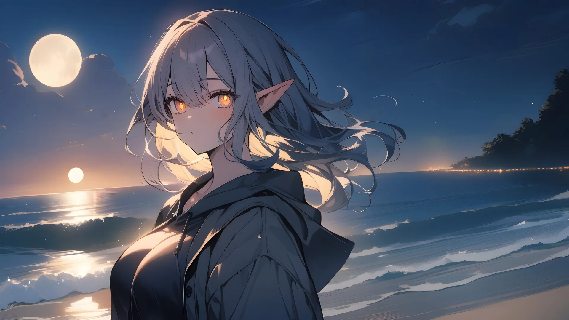 动漫女孩 人工智能艺术 月光 海滩 尖耳朵 电脑壁纸 4K壁纸