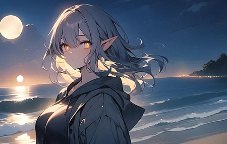 动漫女孩 人工智能艺术 月光 海滩 尖耳朵 电脑壁纸 4K壁纸