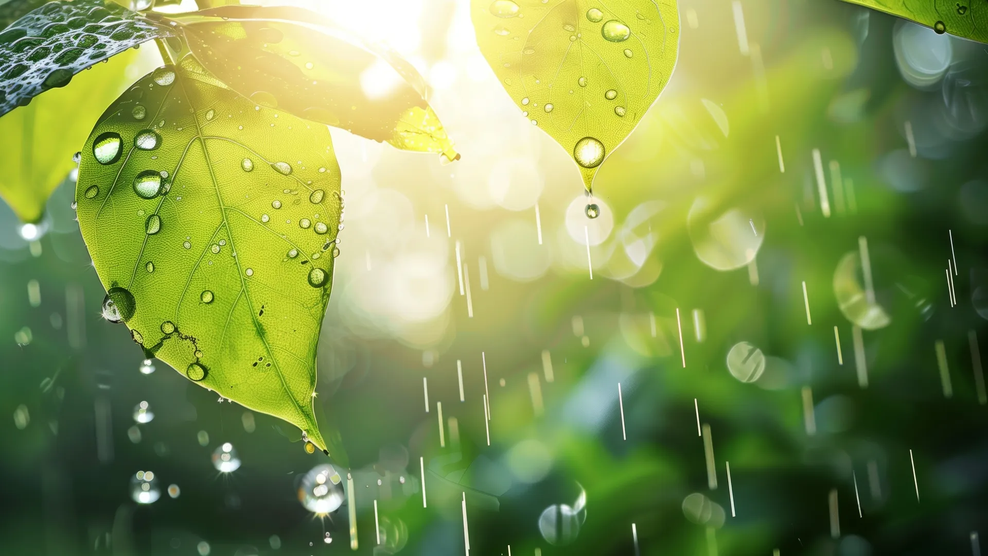 AI艺术 雨 树叶 水滴 背光  电脑壁纸 4K壁纸