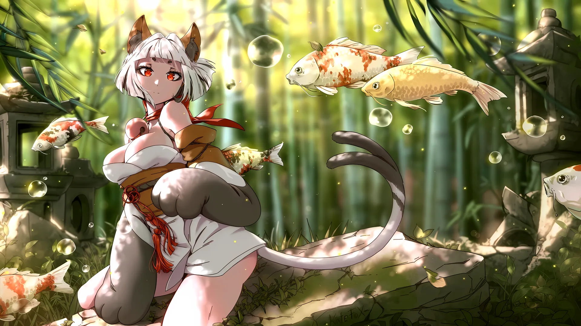 凯特-福 猫女孩 红眼睛 白头发 猫耳朵 鱼 锦鲤 鲤鱼 尾巴 爪子 电脑壁纸 4K壁纸