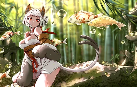 凯特-福 猫女孩 红眼睛 白头发 猫耳朵 鱼 锦鲤 鲤鱼 尾巴 爪子 电脑壁纸 4K壁纸