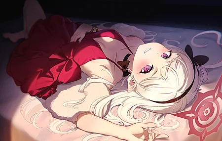 长发 白发 动漫女孩 红色连衣裙 蓝色档案 粉丝艺术 电脑壁纸 4K壁纸