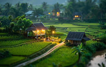 倾斜 亚洲 稻田 微缩效果 绿色 电脑壁纸 4K壁纸