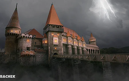 城堡 建筑 森林 夜晚 自然 闪电 云 塔 桥 数字艺术 罗马尼亚 电脑壁纸 4K壁纸