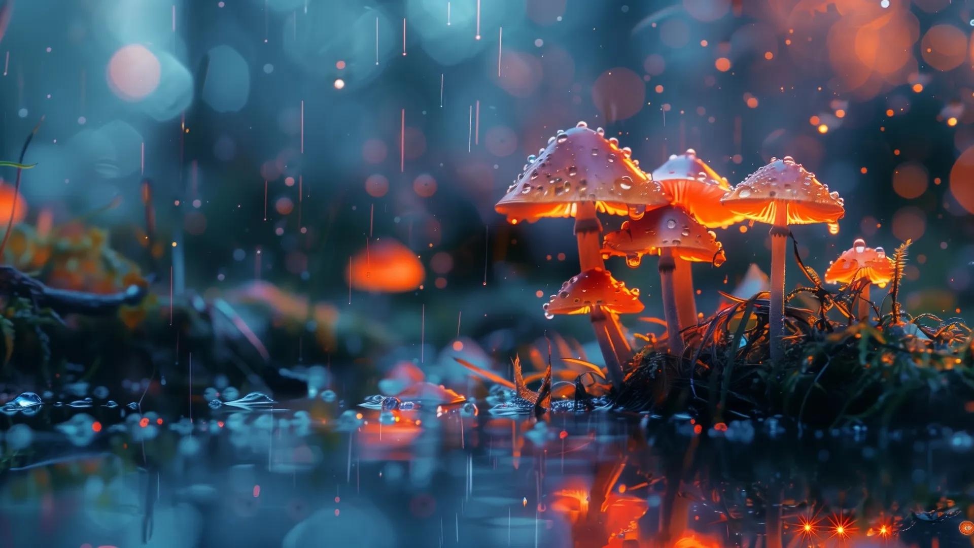 蘑菇 雨 发光 蓝色 电脑壁纸 4K壁纸