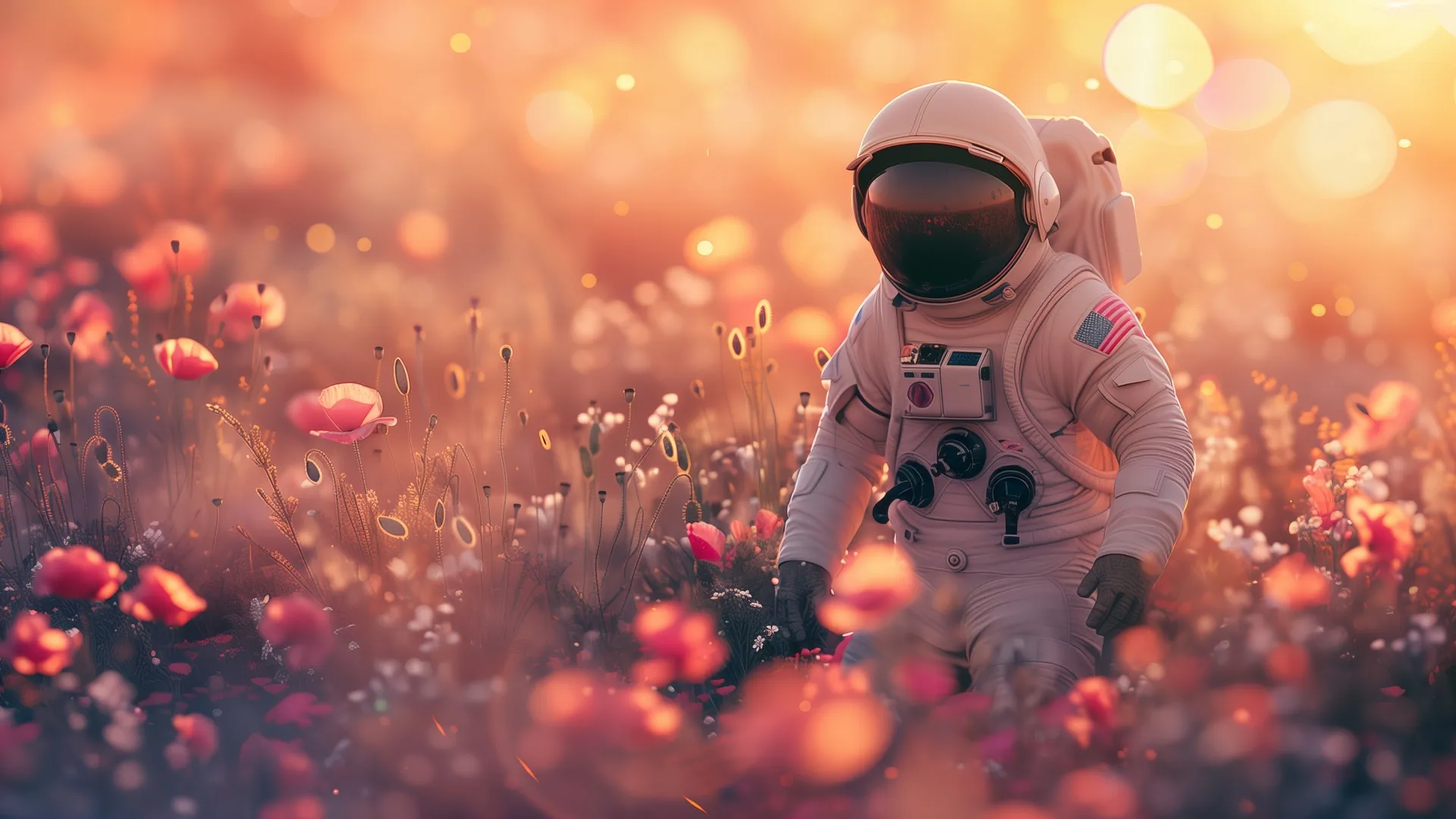 宇航员 人工智能艺术 罂粟花 黄金时光 鲜花 田野 电脑壁纸 4K壁纸
