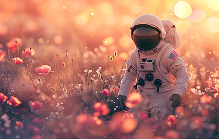 宇航员 人工智能艺术 罂粟花 黄金时光 鲜花 田野 电脑壁纸 4K壁纸