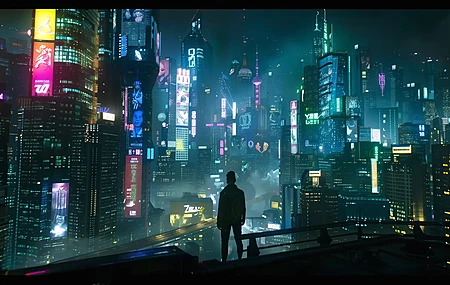 AI艺术 赛伯朋克 城市景观 霓虹灯 剪影 电脑壁纸 4K壁纸