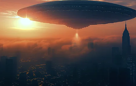 宇宙飞船 城市 人工智能艺术 日落 电脑壁纸 8K壁纸