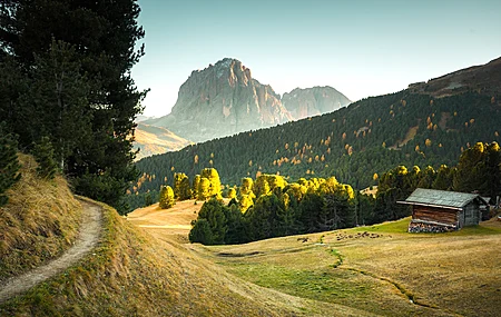 摄影 自然 白云石 黄金时间 意大利 山脉 农舍 草 树 电脑壁纸 4K壁纸